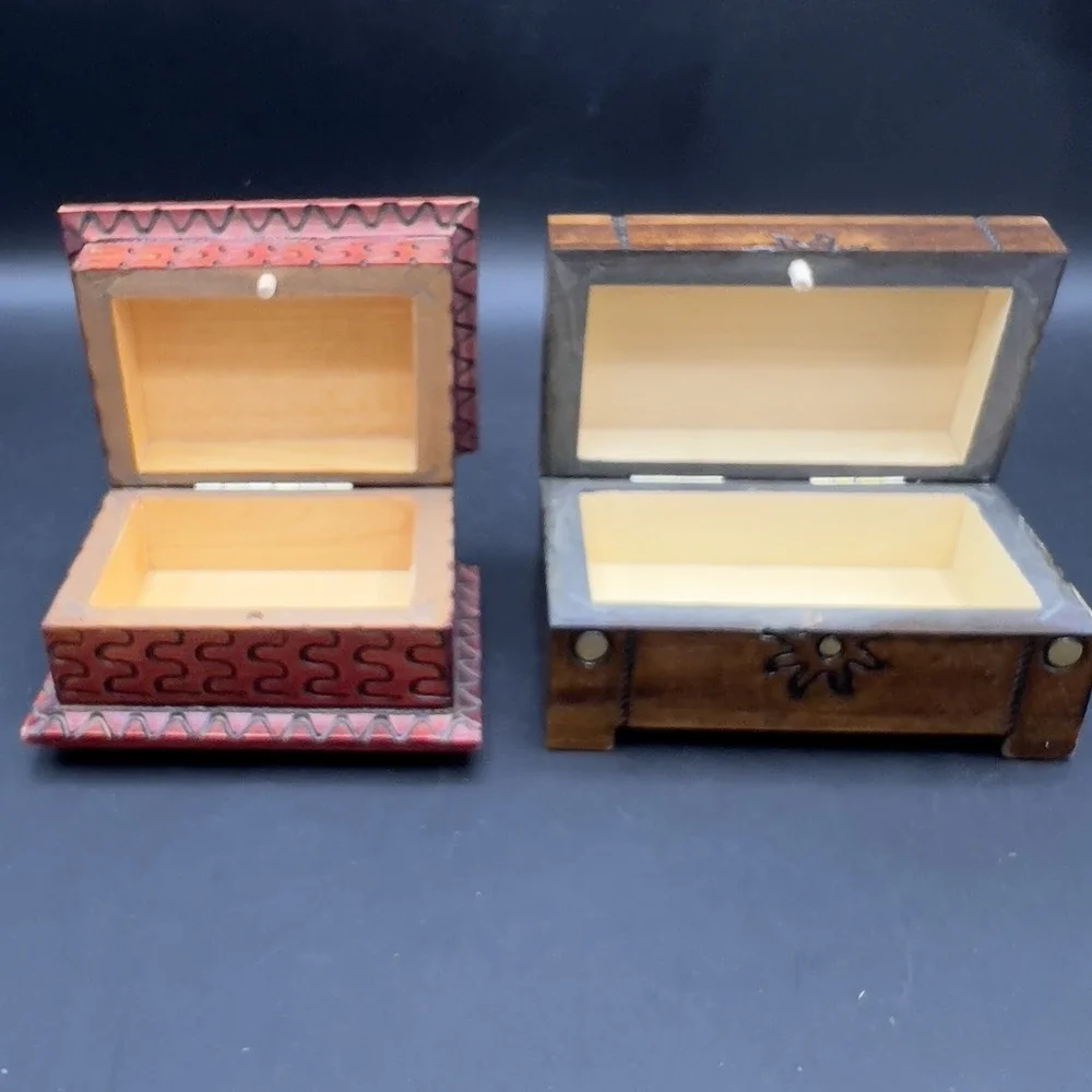 Wooden Carved Hinged Trinket Box Hand Made Poland ~ Set of 2